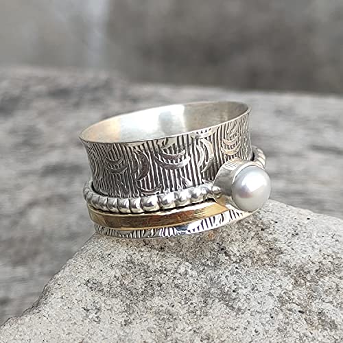 925 Pure Silver Spinner Ring, Worry Ring, Anxiety Ring, Thumb Ring, Sterling Silver Band, Gift for Her, Birthday Gift, Pearl Spinner Ring, Silver Band3