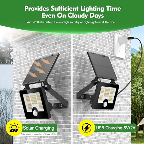 Image of OHAYORI Solar Security Lights Outdoor Motion Sensor, 122LED 4 Modes USB Rechargeable Solar Powered Wall Light for Garden, 2200mAh IP65 Waterproof Solar PIR Fence Lighting for Street Flood 2 Pack
