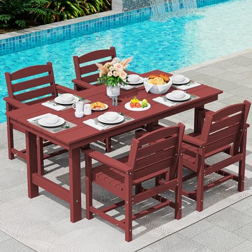 Image of SERWALL Outdoor HDPE Dining Set with Umbrella Hole Cut-Out Table and 4 Chairs, All Weather Dining Set for 4, Red