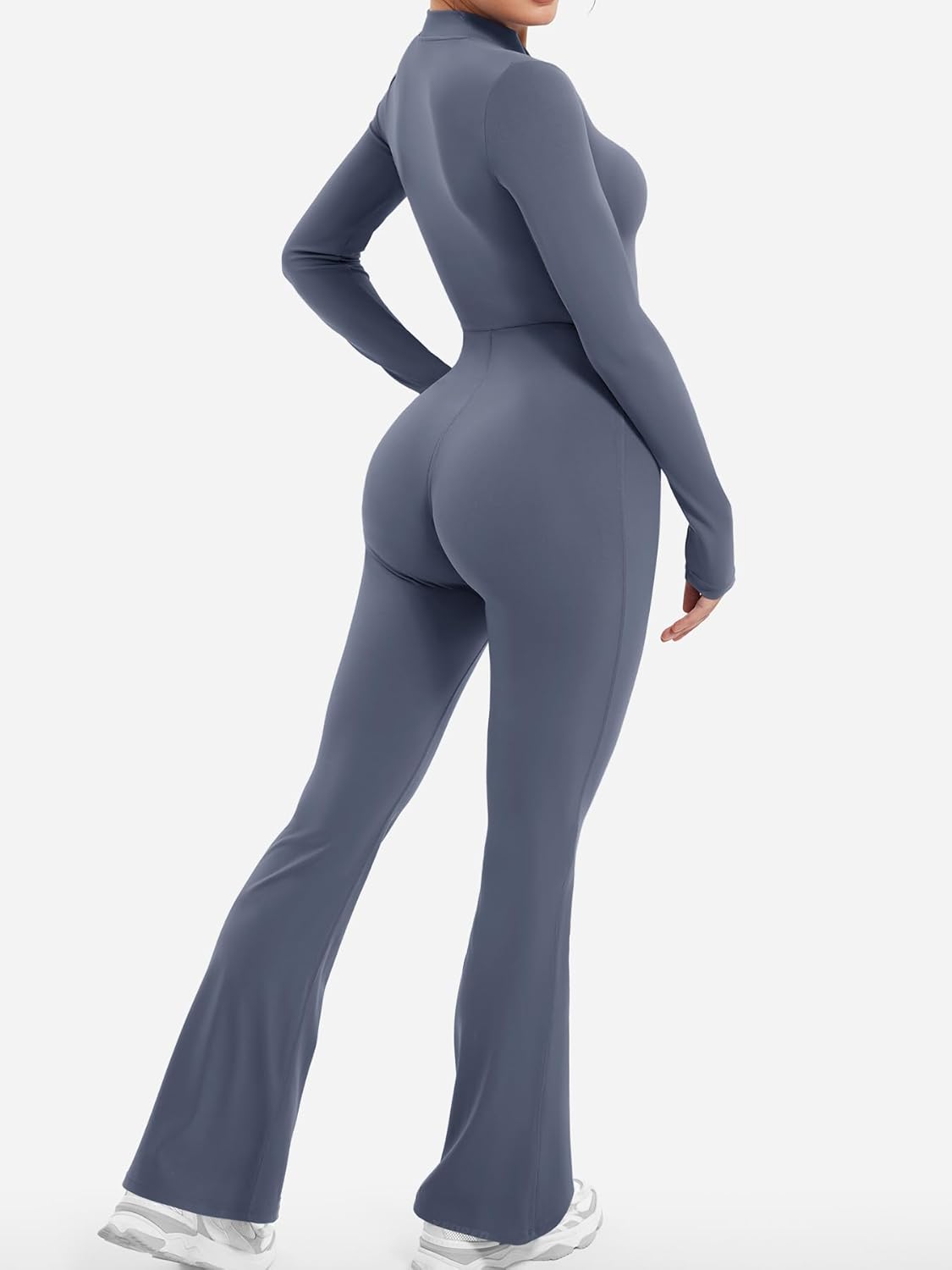 YEOREO Women Long Sleeve Flare Workout Jumpsuit Zip Up Romper Bottom Pants Wide Leg Bodysuit Bodycon Sexy One Piece - Image 5