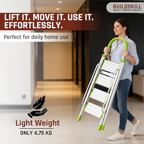 Image of BUILDSKILL Aluminium Ladder for Home 4 Steps | 33x16cm Wide Anti-Slip Aluminium Steps | Stainless Steel Body | Handrails | Load 150 Kg | Foldable Lightweight 4.75KG Ladder for Kitchen, Office & Home