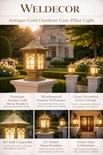 Image of Weldecor Outdoor Gate Pillar Lamp for Home Entrance Waterproof LED Garden Light (E27 Holder LED Bulb Comptaible) Antique Decorative Main Gate Post Lantern for Villa (Style7) (Style2)