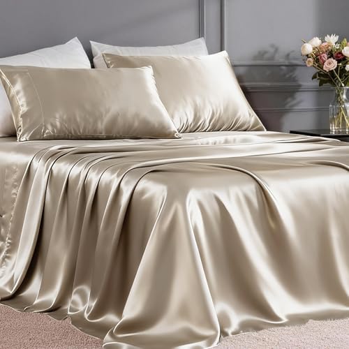 FreshCulture Satin Sheets Twin Size Bed Set - 3 Piece Luxury Soft Silky Twin Bed Sheets (Champagne)