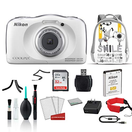 Nikon COOLPIX W100 Waterproof Rugged Digital Camera White Kid- Friendly - Bundle