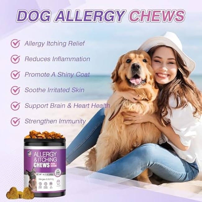 Dog Allergy Chews 200ct - Dog Allergy and Itching Skin Relief Anti Itch Aller Immune Bites for Dogs licking Paws Treatment Relief Itchy Chew Probiotics Vitamins for Skin and Coat Allergies - Lamb-prcjxBKo