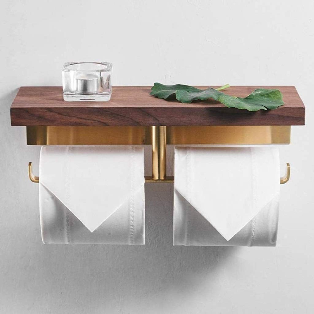 Aseo de papel de madera Holder-Industrial-doble del estilo del rollo del papel higiénico del titular, de latón de montaje en pared de tejido dispensador de rack con el estante de madera de alma