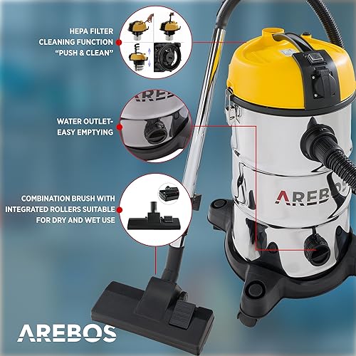 Arebos Aspirapolvere Industriale 1300 W Secco E Umido 30 L | Bidone Aspiratutto E Aspiracenere | Adatto Per Polvere, Liquidi E Pulizia Auto | Giallo - 4