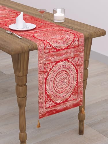 Image of Diwali Decor Brocade Jacquard Silk Table Runner Long Runner for Dinning & Centre Table Mandala Print 72 x 16 Inches (Red)