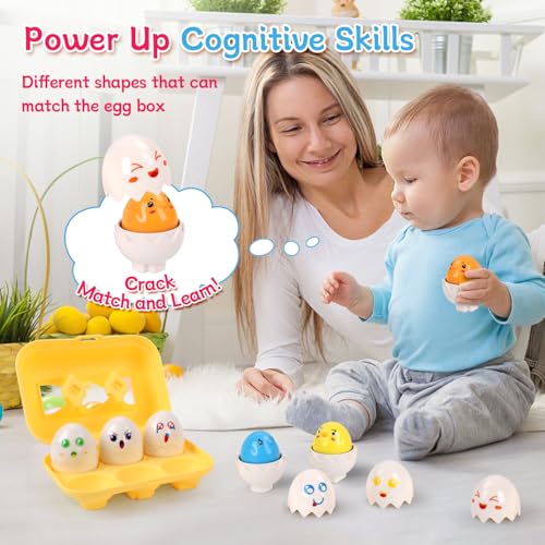 Image of USATDD Easter Egg Toys Hide & Squeak Matching Eggs for Toddlers, Color Recognition Sensory Learning Toys, Fine Motor Skills Montessori Geometric Eggs Gifts for Kids Easter Basket Stuffers
