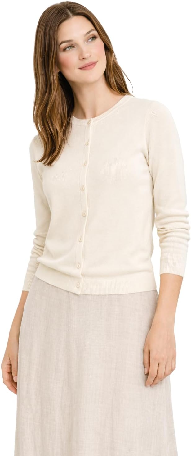 State Cashmere Women's 100% Pure Cashmere Button Front Long Sleeve Crew Neck Cardigan Sweater