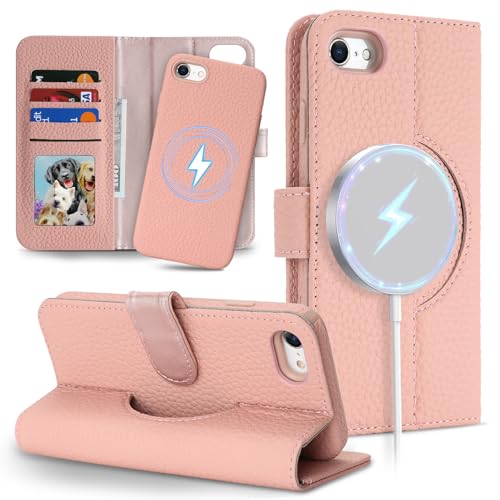 Image of Detachable Genuine Leather Case for iPhone SE 2020 / SE 2022 /7 /8 Wallet Case Magnetic 2in1 Removable Flip Cover Book Purse Compatible with Magsafe Charging Kickstand Card Holder-Pink