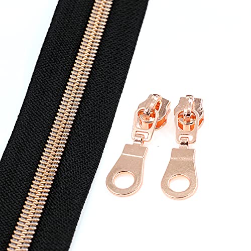 Image of #5 Rose Gold Metallic Nylon Coil Zippers by The Yard Bulk 10 Yards Black Tape with 25pcs Rose Gold Sliders for DIY Sewing Tailor Craft Bag Leekayer(Black)