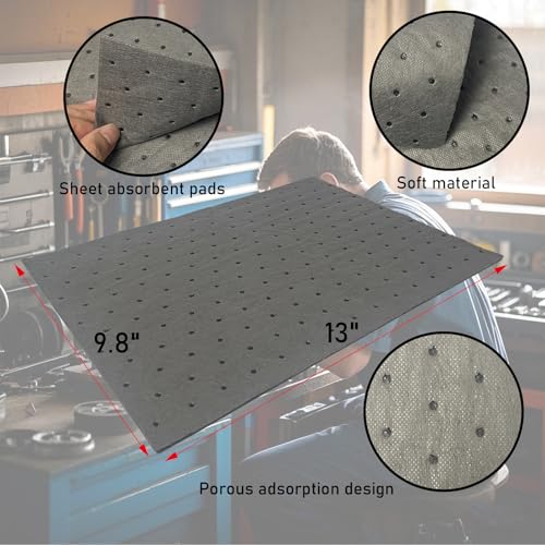 Image of 100PCS Universal Light Duty Absorbent Pads, 13 inchx9.8 inch | Absorbs Oil, Grease, Water, Fast Cleanup for Small Drips & Spills in Garages and Workshops