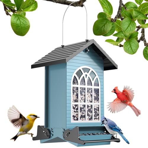Squirrel Proof Bird Feeders for Outdoors Hanging, 5LBS Large Capacity, Metal Wild Seed Feeder with Bilateral Weight-Activated Perches, Anti Squirrel Birdfeeder for Outside Finch, Cardinal- Blue