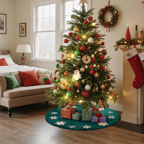 Lanpn 60cm Bestickt Weihnachtsbaum Decke Christbaumdecke, Samt Schneeflocken Rund Tannenbaum Decke Unterlage Teppich, Weihnachtsbaumdecke für Christbaumschmuck Weihnachtsdeko (Grün, 60 cm)