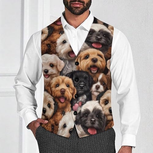 Cute Dog Puppy Print Men's Suit Vests Dress Vest V-Neck Waistcoat Slim Business Formal with Pocket2