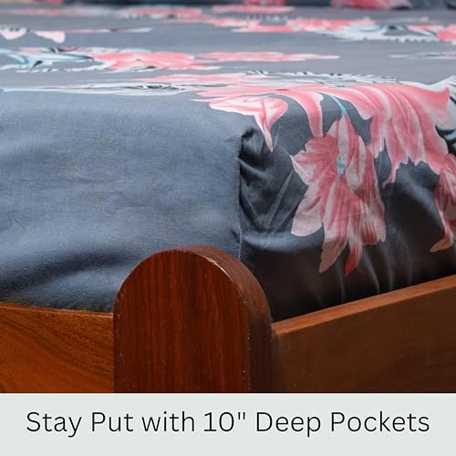 Image of Amazon Brand - Umi Cotton Fitted Bedsheet, Queen Size 78x60 Inches, Elastic Fit Bed Sheet, 10 Inch Deep Pocket, Soft Breathable Bedding, Durable Easy Care, with Pillow Cover-Twilight Blossom