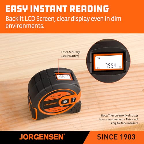 JORGENSEN Laser Tape Measure 2-in-1, 135Ft Laser Measuring Tool & 16Ft Measuring Tape with Movable Magnetic Hook, Laser Measure for Pythagorean, Area, Volume, Unit Ft/Ft+in/in/M NOT Digital by Jorgensen - Image 4
