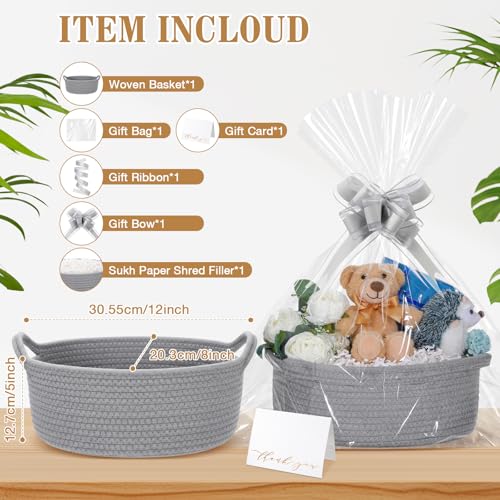 Image of Colingmill Woven Basket with Gift Bags and 2 Ribbons, Raffia Grass Paper Shred Filler, Gift Card, Empty Small Rope Basket for Storage Presents Toy Organizer(Grey,12 * 8 Inch)