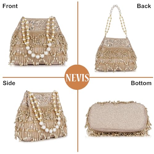 Image of Nevis PU Silk Women's Pearl & Bead Embellished Potli Bag with Beaded Handle | Designe Wedding & Festive Handbag