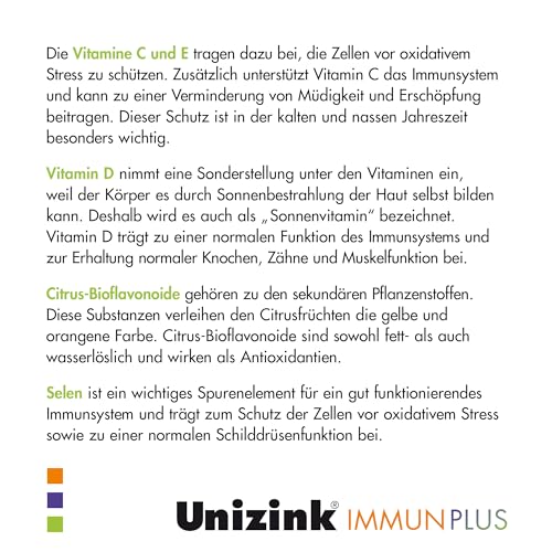 Unizink IMMUN PLUS – Nährstoff-Komplex mit Zink, Vitamin C, D3 und E sowie Selen, Bioflavonoiden und Beta-Glucan, unterstützt eine normale Funktion des Immunsystems, gluten- & laktosefrei, 90 St