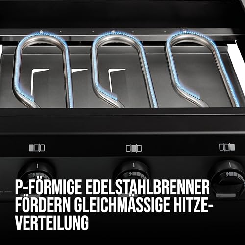Enders AMARO 3 Plancha Gasgrill Griddle, 3 Edelstahlbrenner, massive Edelstahl-Plancha mit Tragegriffen, große Grillfläche, abnehmbare Haube, 4 Haken, abnehmbare Körbe, Ablagefach #82216