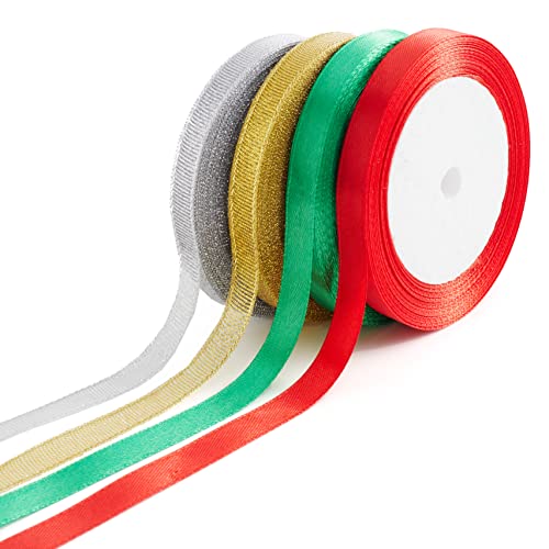 3/8 Inches Christmas Ribbon For Gift Wrapping, 4 Rolls 1Cm Wide Satin Ribbons For Crafts, Christmas Gift Wrapping, Door Wreaths And Bows Making, Christmas Tree Decoration, Xmas Ornament #TOP27