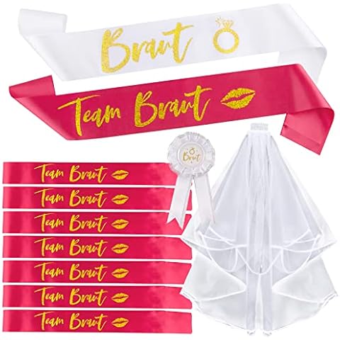 COLOFALLA 10Pcs JGA Accessoires Frauen Deko Weiß Braut Schleier Schärpe Button Team Braut Schärpen Hochzeit Foto Requisiten Dekoration Cover