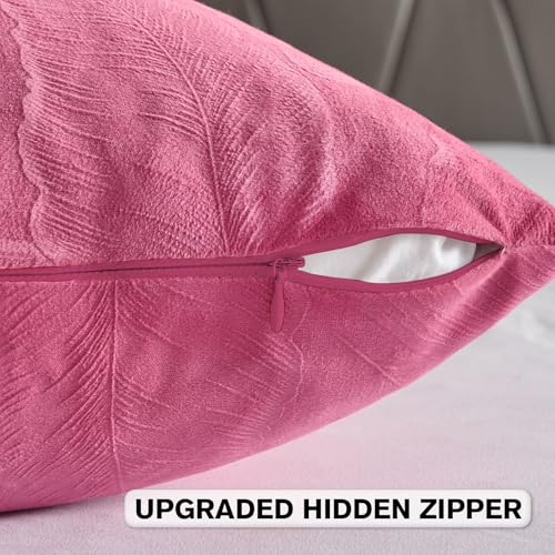 Image of FUTEI Pack of 2 Velvet Throw Pillow Covers 22x22 Inch Soft Embossed Leaf-Relief Textured Decorative Cushion Cases Modern Natural Farmhouse Accent for Couch Bed Living Room, Hot Pink