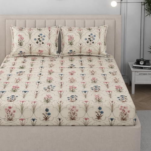 Image of 380 TC Premium Glace Cotton Elastic Fitted Bedsheet King Size with 2 Pillow Covers King Size | Double Bed with All Around Elastic (Auralia, Fitted - 72 inchx78 inch King)