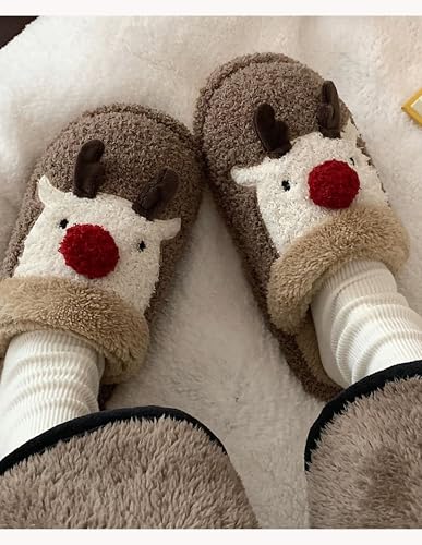 Women's Christmas Reindeer Fuzzy Cute Warm House Slippers Stuffed Animal Bedroom Indoor Shoes4