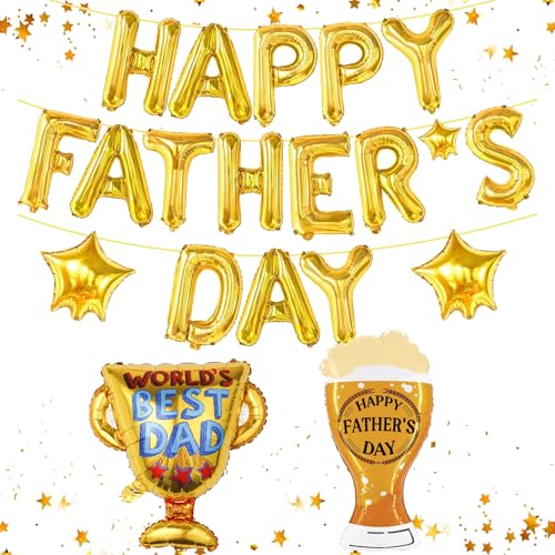 Happy Fathers Day Decorations Gold Foil Fathers Day Balloons Set with Trophy & Beer Shaped Balloons Stars Ribbon and Straw Fathers Day Party Supplies and Decorations for Dad Celebration