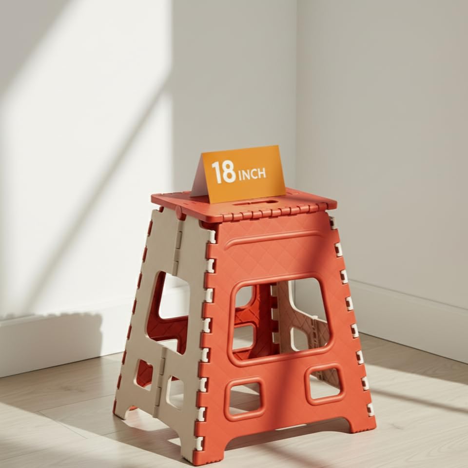 U-MAX 18 Inch Folding Step Stool, Portable, Heavy Duty Plastic with Anti-Slip Surface Space-Saving Foldable Stool for Kids & Adults (Red-Ivory)