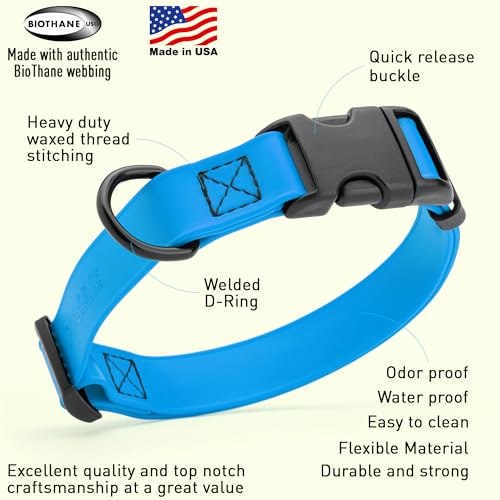 Image of Dogline Biothane Waterproof Dog Collar with Quick Release Buckle Strong Coated Nylon Webbing with Odor- Proof for Easy Care Easy to Clean Fits Small Medium or Large Dogs, Dogline Blue 3 /4 inch W 12-19 inch L
