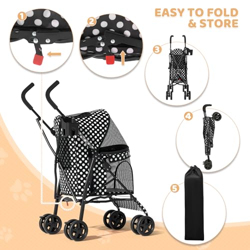 Image of Magshion Compact Fold Pet Travel Stroller for Small Dogs Cats | Up to 22lbs, 4-Wheel Lightweight Umbrella Shaped Design, Safety Tethers, Breathable Mesh, Cup Holder & Rear Storage