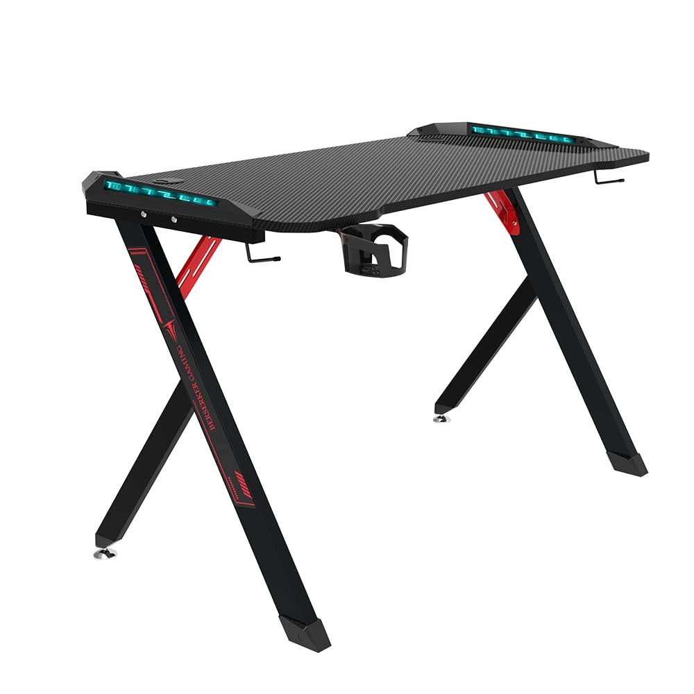 Mesa Gamer con LED, 113 x 60 x 75 cm, Superficie Resistente, Gestión de Cables, Negro