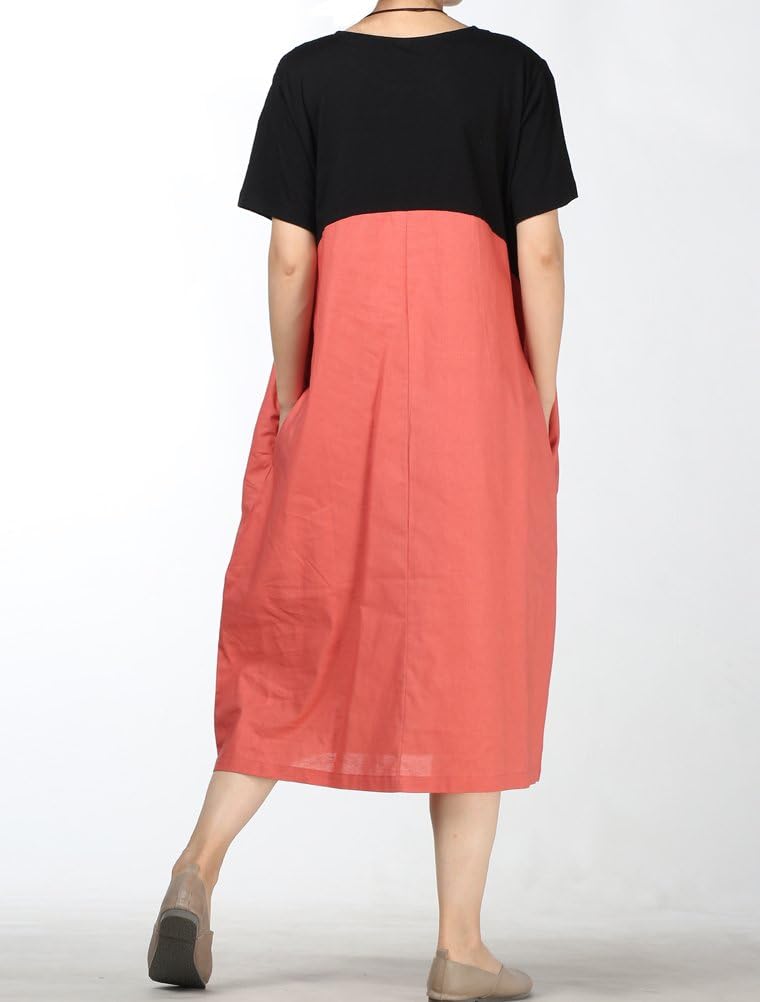 Minibee Women's Linen Casual Dress Summer Short Sleeve Midi A-line Boho Tunic Dresses with Pockets - Image 3