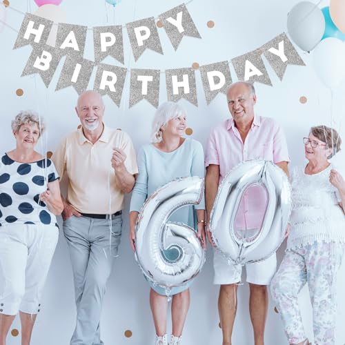 Image of Silver Happy Birthday Banner Happy Birthday Sign for Backdrop Silver Birthday Decorations for Women Men Birthday Party Garland Bunting Banner Kids Adults Party Supplies