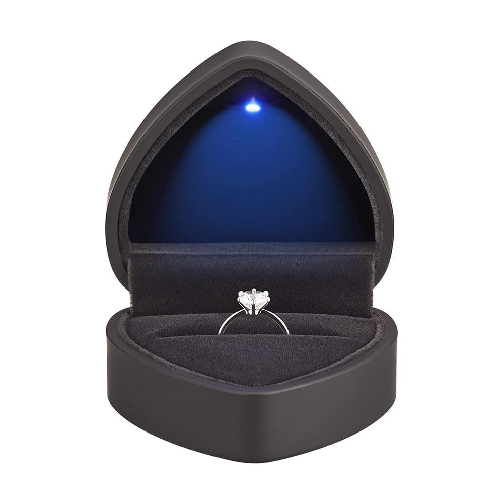 Scatola Portaanelli A Cuore In Velluto Con Luce LED - Per Fidanzamento, Matrimonio, Gioielli (Oro)