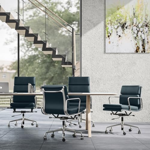 Image of Genuine Leather Office Chair, Padded Executive Desk Chair with Arms, Wheels, Lumbar Support, Aluminum Base (Dark Blue, High-Back)