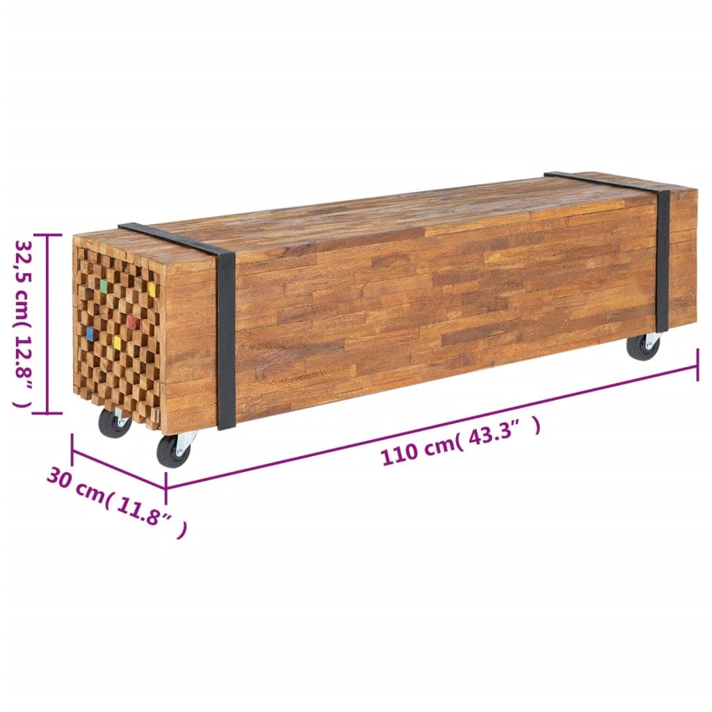 TV-Schrank 110x30x32,5 cm Massivholz Teak, Industrial Design, mit Rollen, Wohnzimmer TV-Tisch, Medienkonsole für Unterhaltung