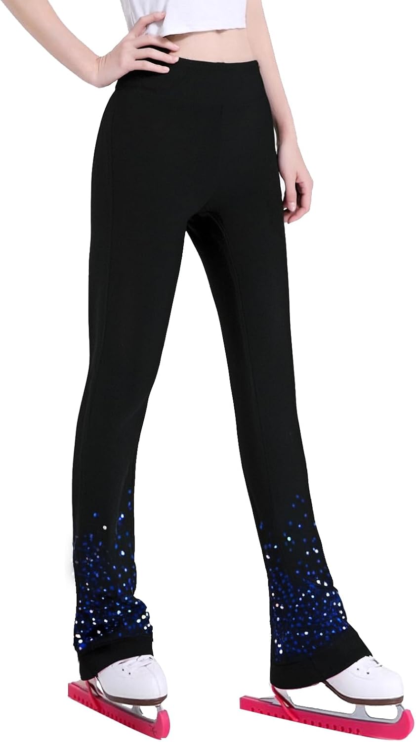 Black Girls' Skating Training Pants Blue Rhinestone Decorative Velvet Warm Pants