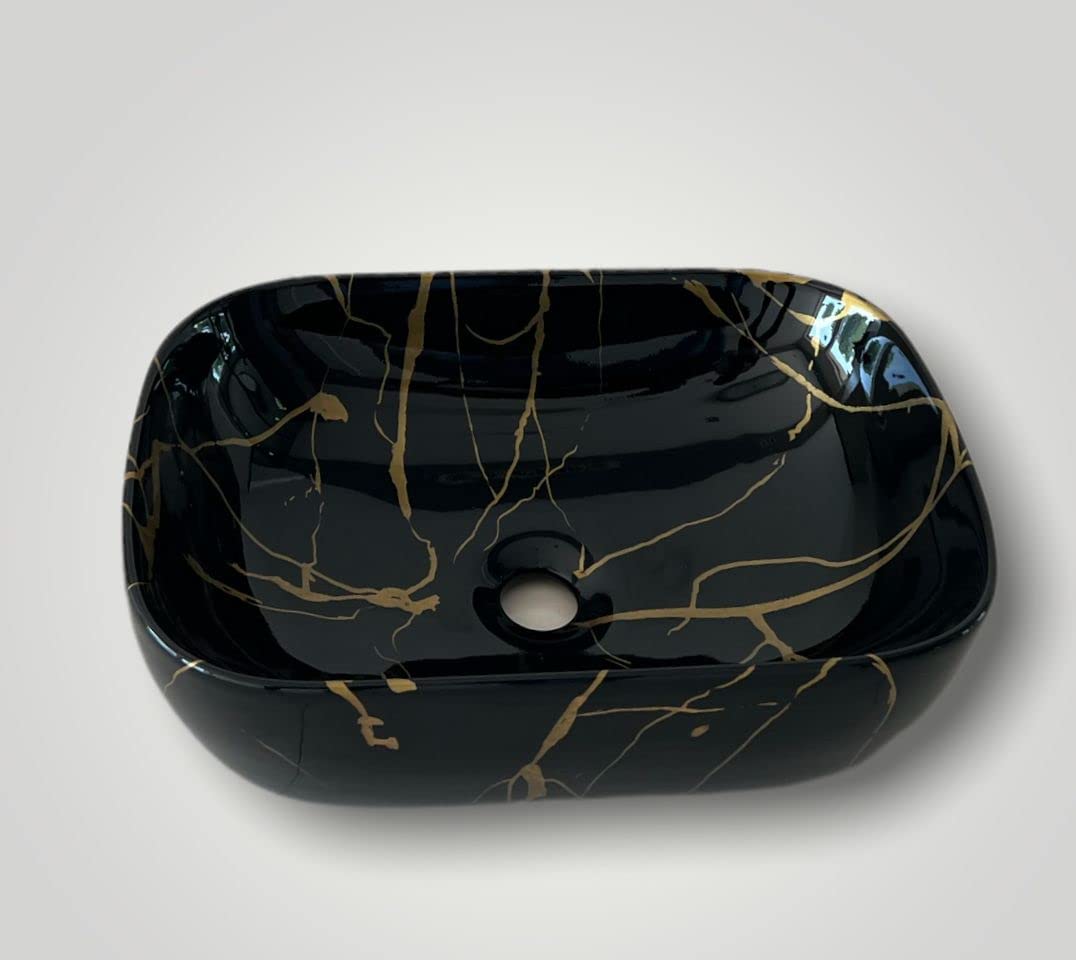 REMOTION Wash Basin Countertop | Tabletop Ceramic Bathroom Sink | Wash Basin Over Counter | Wash Basin For Bathroom (18 x 13 x 5.5 Inch) (WB-Black Golden Jelly) 2