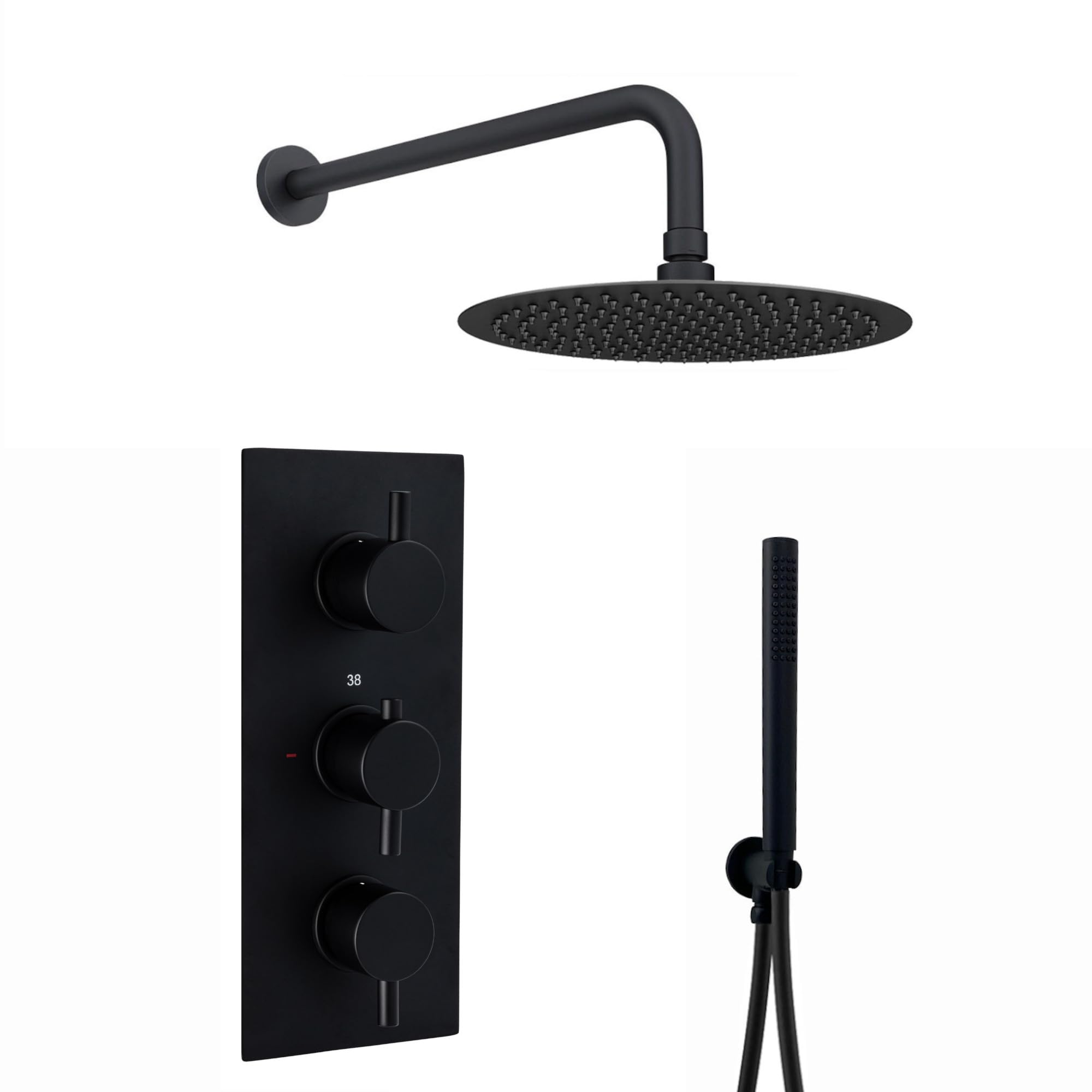 ENKI, Naples, SH0292, Contemporary Round Concealed Thermostatic Shower Set Incl. Triple Valve, Wall Fixed 8" Shower Head, Handshower Kit - Matte Black (2 Outlet)