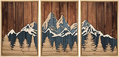 SIGNWIN Framed Canvas Print Wall Art Set Country Wood Panel Mountain Forest Nature Wilderness Illustrations Modern Art Decorative Farmhouse Zen for Living Room, Bedroom, Office - 16