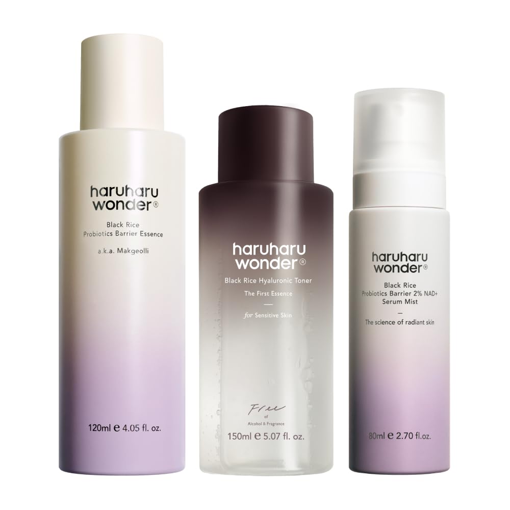 haruharu wonder Coffret Trio Black Rice pour la peau avec essence barrière, toner à l’acide hyaluronique et brume NAD à 2 %