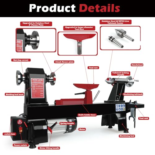 image for hightall Wood Lathe Machine, 12 x 20 inch, 550W 3/4HP, 5 Speed Setting
