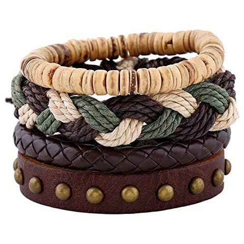 Mens Genuine Leather Bracelet,Mix 4 Soft Wristband,Pendant Brown Braided Rope Chain,Hemp Cords Wood Beads Wristbands Adjustable,Ethnic Tribal Believe Charm (Green-Cotton) Cover