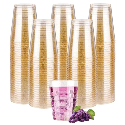 ZkateTrade 50 Stück Hartplastik Plastikbecher mit Goldglitter, 300ml Kunststoff Partybecher, Mehrweg Transparent Trinkbecher für Party, Hochzeiten, Geburtstag