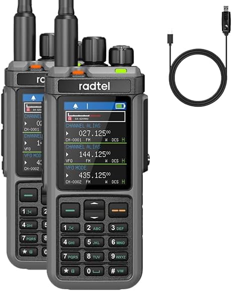 Two Radtel RT-880 walkie talkies and a USB-C charging cable.